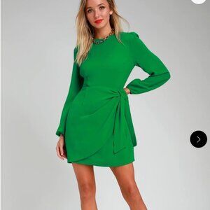 Lulu's Believe It or Knot Green Long Sleeve Tie-Front Skater Dress